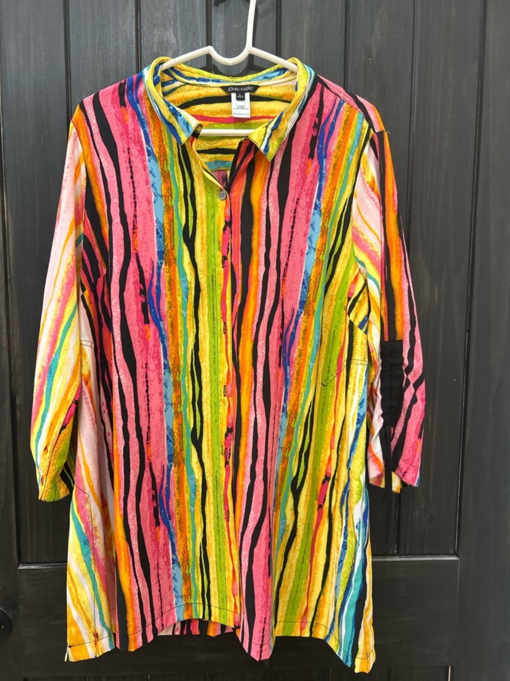 John mark colorful maximalist button up artsy tunic blouse top LG pockets